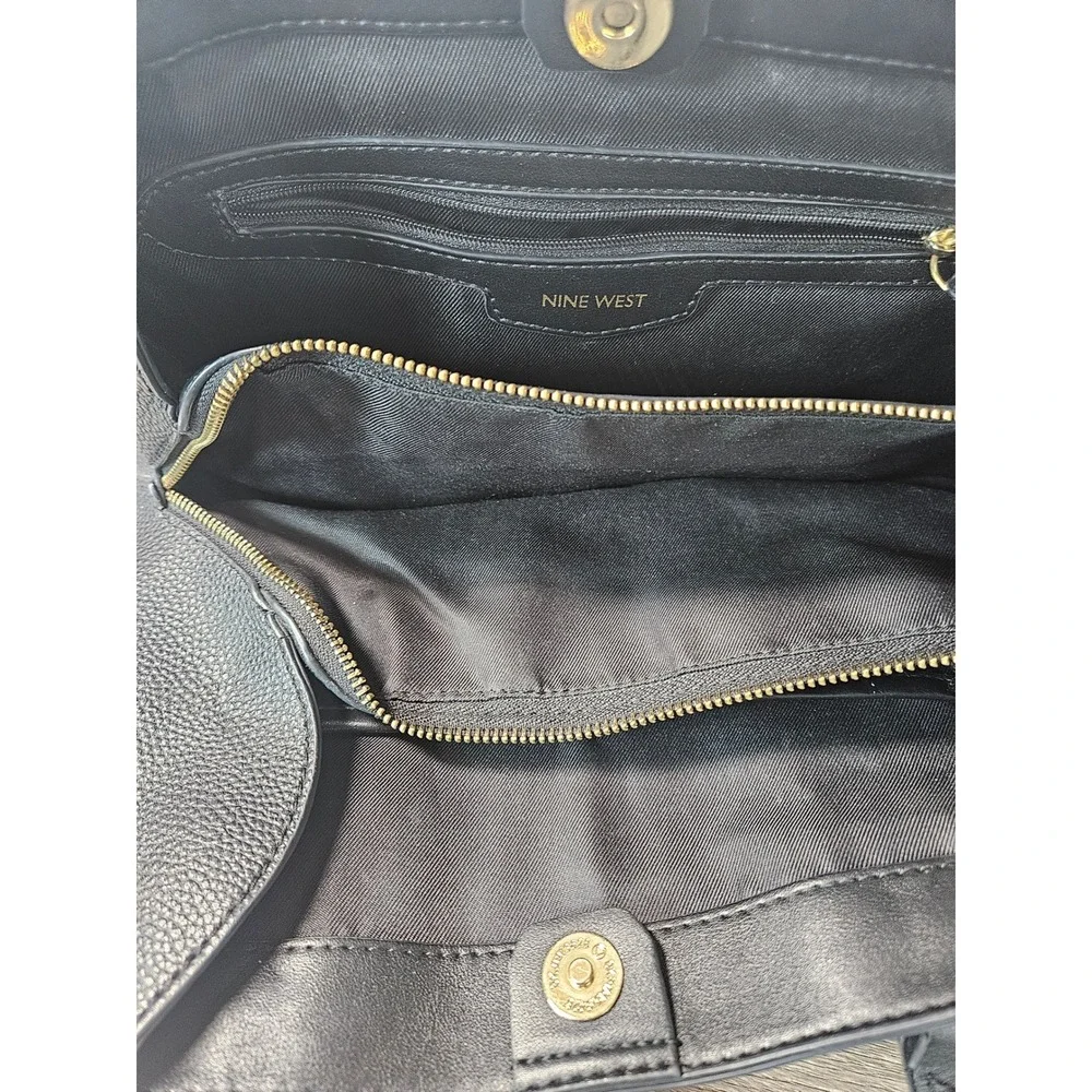 Nine West Black Pebbled Faux Leather Satchel Handbag Gold Hardware Work Tote